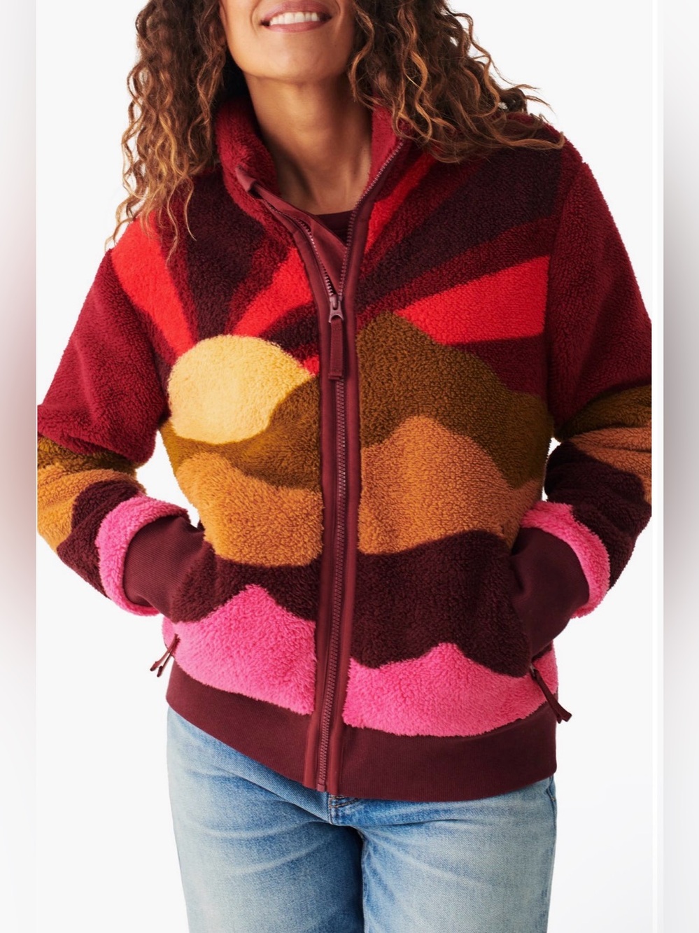 Faherty Colorblock Sherpa Jacket in Burgundy, Pink, Gold, Brown